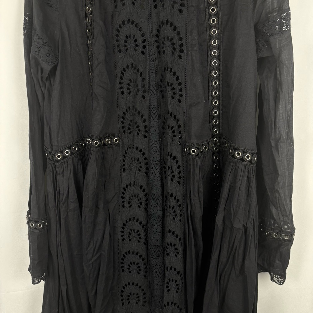 NWT Free People Women’s Black Eyelet Cutout Smock Neck Long Sleeve Dress, Medium - Picture 6 of 13